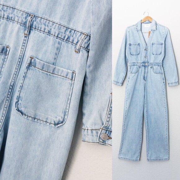 NEW Lov Mor Light Blue Wash Denim Wide Leg Jumpsuit S Cotton Blend High Waist - Picture 13 of 14